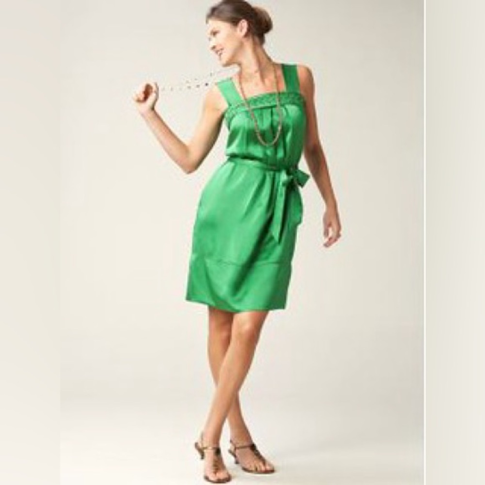 Banana Republic 100% Silk Emerald Green Tie Waist Cocktail Reception Dress TALL